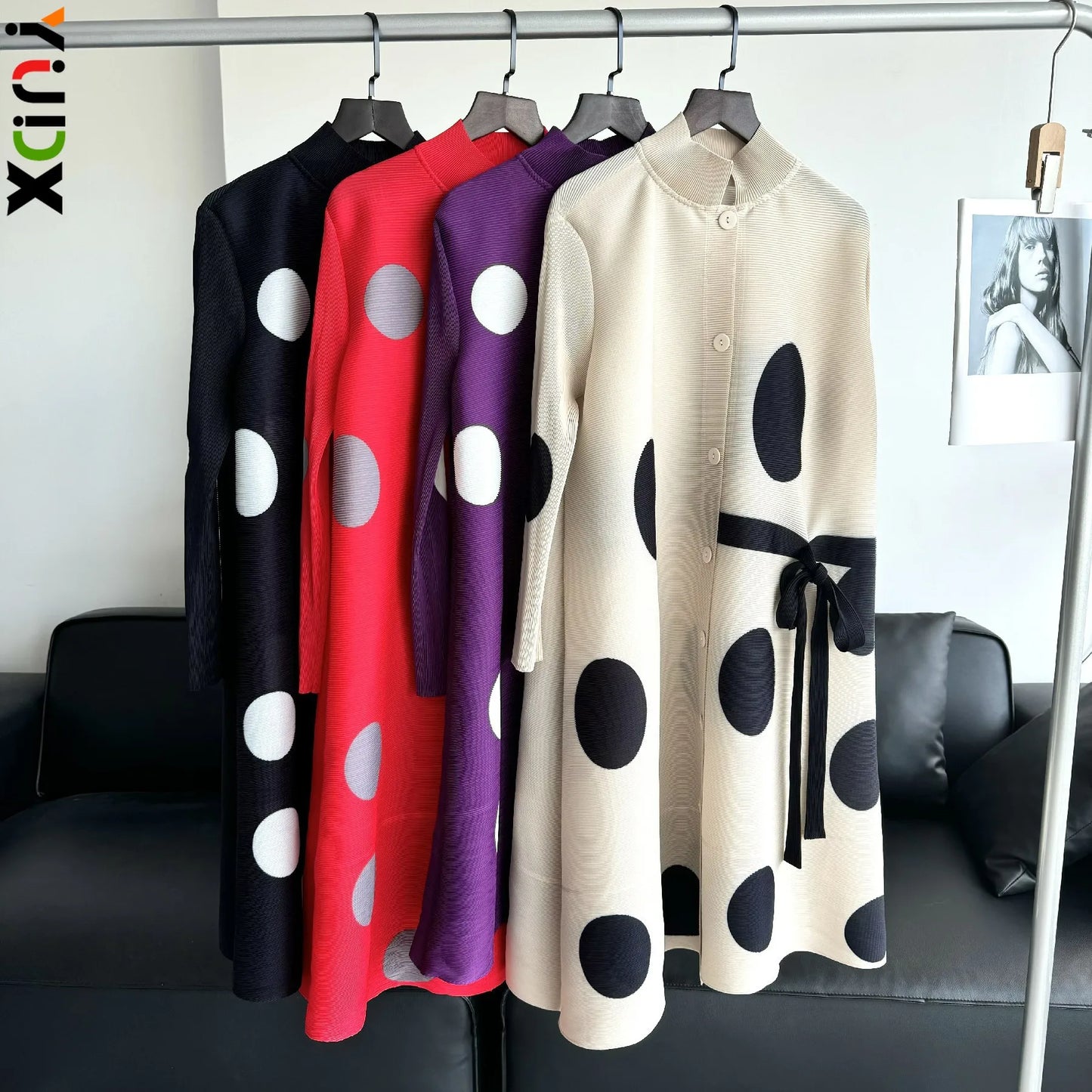 Pleated Polka Dot Jacket Long Sleeve Lapel Design Women's Dresses Loose Plus Size Tie Single Breasted Dresses 2024 Summer New