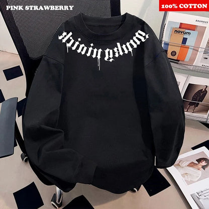 American Street Letter Print T-shirt Men 2025 Autumn New 100% Cotton White O-Neck Loose Casual T-shirt Y2k Tops Male clothing