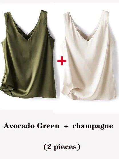 Woman T-shirts Elegant SILK Satin Blouse Sleeveless Female Summer 2025 Casual Loose Tanks and Camis Solid Green Tops for Women