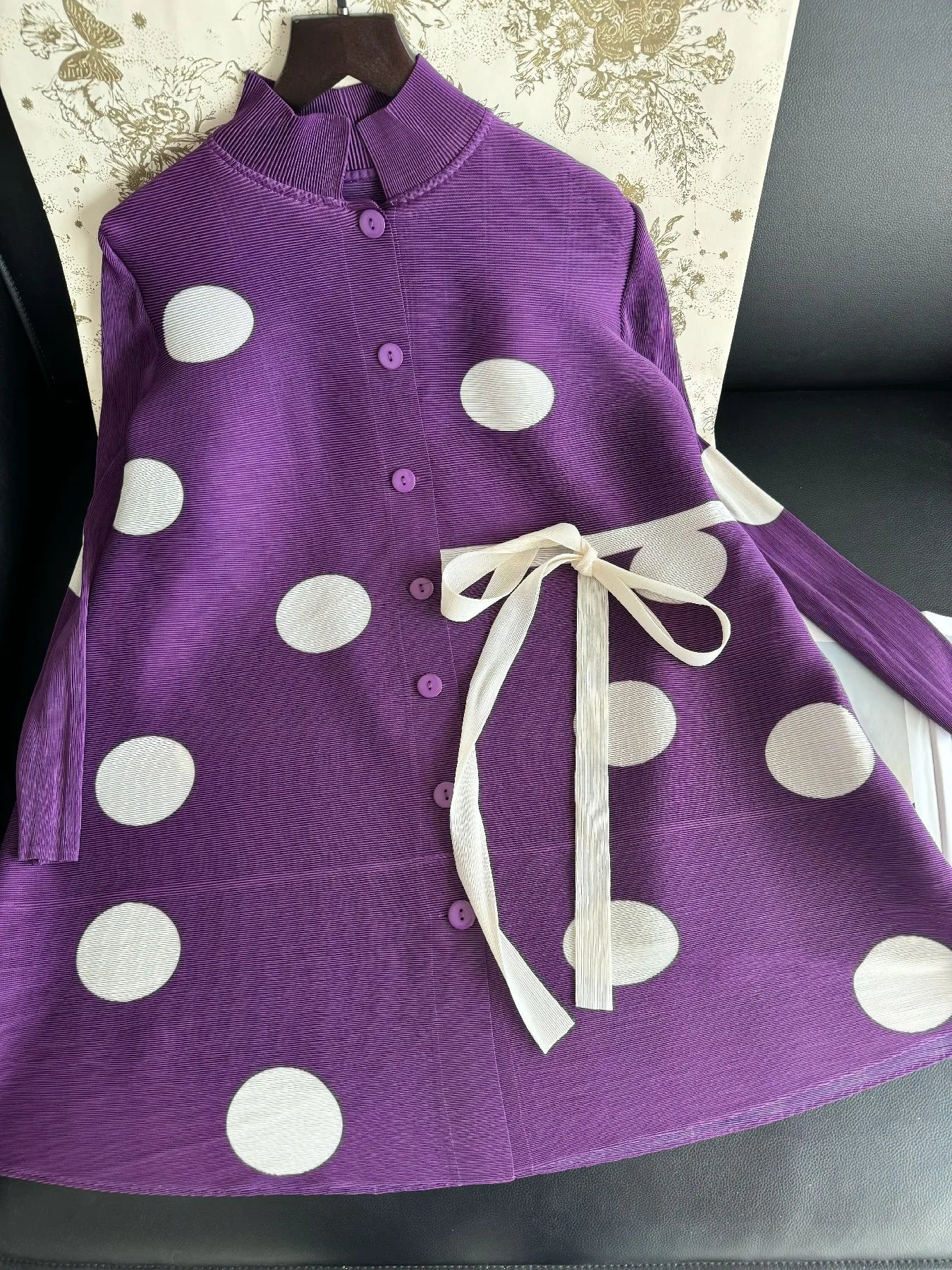 Pleated Polka Dot Jacket Long Sleeve Lapel Design Women's Dresses Loose Plus Size Tie Single Breasted Dresses 2024 Summer New