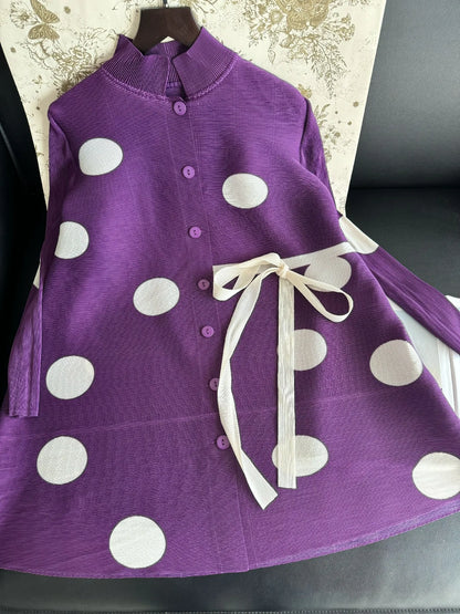 Pleated Polka Dot Jacket Long Sleeve Lapel Design Women's Dresses Loose Plus Size Tie Single Breasted Dresses 2024 Summer New
