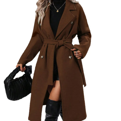 Thickened Pure Color Notch Collar Double Breasted Belted Long Length Woolen Coat for Women Comfortable Casual Style Spring Au...