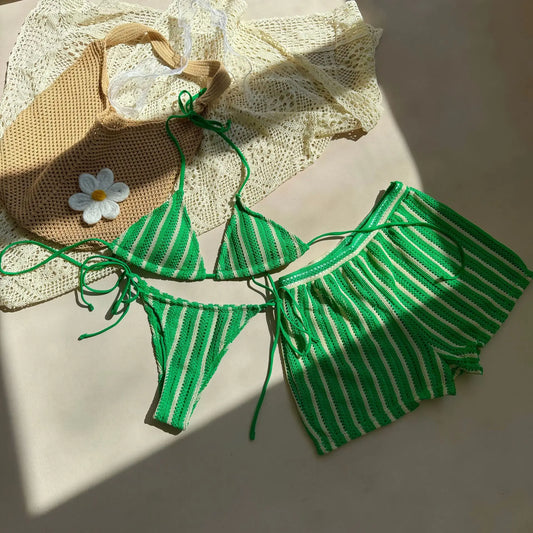 Sexy Green Orange Striped Bikini Set Women Halter Push Up High Waist Panties 3 Piece Swimsuit 2025 Summer Bathing Suit Swimwear