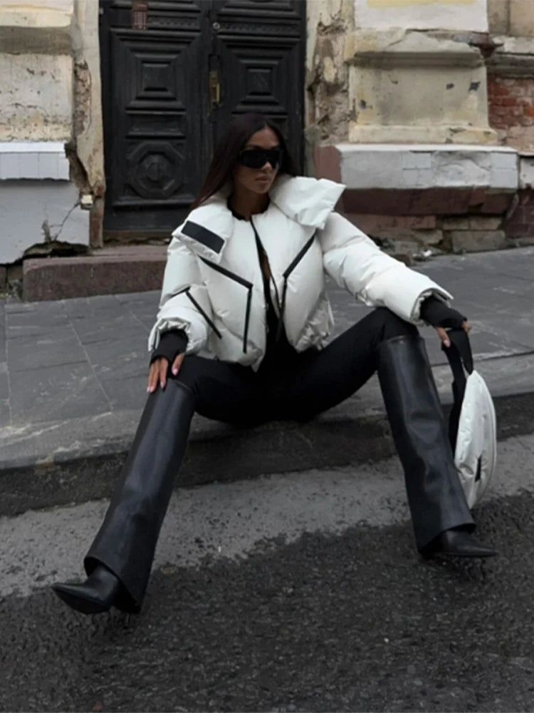 Chic Stand Collar Short Cotton Jacket Women Loose Contrast Warm Full Sleeve Zipper Jackets 2025 Fashion Autumn Winter Coat Lady