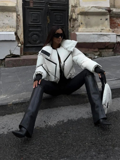 Chic Stand Collar Short Cotton Jacket Women Loose Contrast Warm Full Sleeve Zipper Jackets 2025 Fashion Autumn Winter Coat Lady