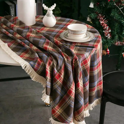 Christmas Tassel Round Tablecloth Plaid Table Cloth Checkered Table Cover for Christmas Thanksgiving Day Halloween Party Decor