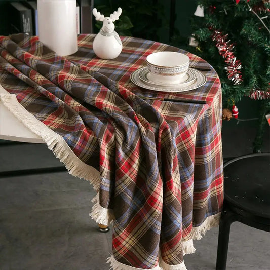 Christmas Tassel Round Tablecloth Plaid Table Cloth Checkered Table Cover for Christmas Thanksgiving Day Halloween Party Decor