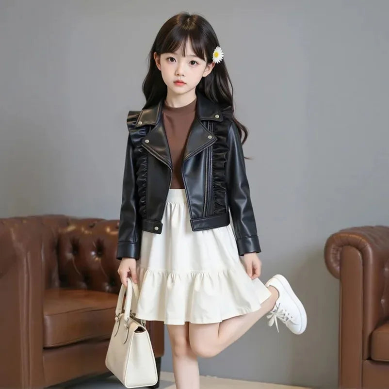 Girls Leather Jackets Children Kids Classics Handsome Pu Outerwear  2025 New Teenager Zipper Fly Coats Spring Autumn