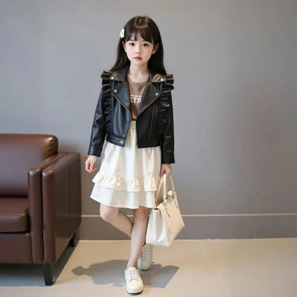 Girls Leather Jackets Children Kids Classics Handsome Pu Outerwear  2025 New Teenager Zipper Fly Coats Spring Autumn