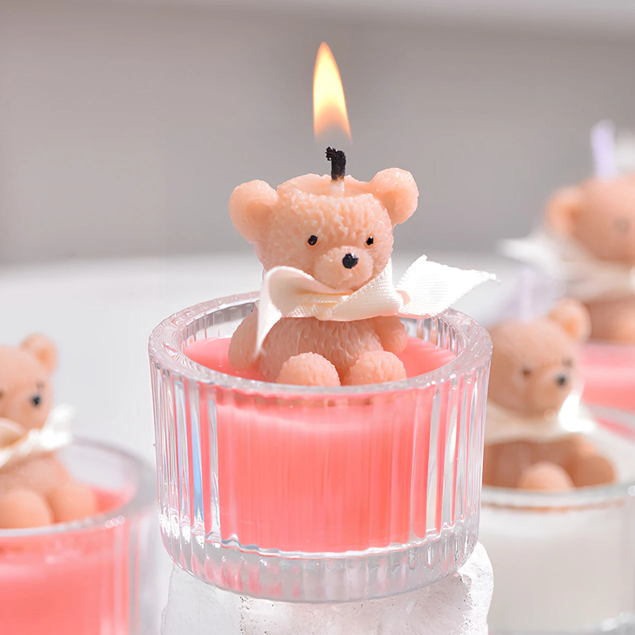 Scented Luxury Teddy Bear Soy Candle in Glass Jar with Ribbon, Creamy Pastel Gifts for Women, Bridal Shower & Holiday Favors