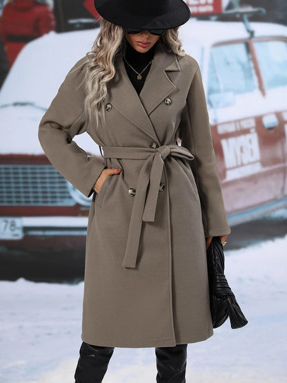 Thickened Pure Color Notch Collar Double Breasted Belted Long Length Woolen Coat for Women Comfortable Casual Style Spring Au...