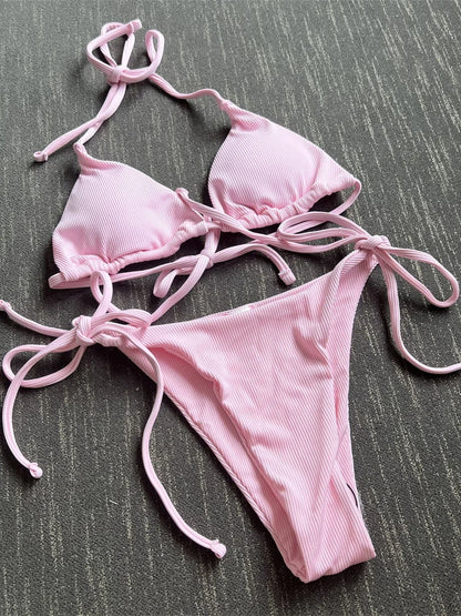 Sexy Brown Bikini 2025 Women Solid Red Halter Push Up Bra Tie Side Triangle Swimsuit Summer Bathing Suit Lace Up Micro Swimwear