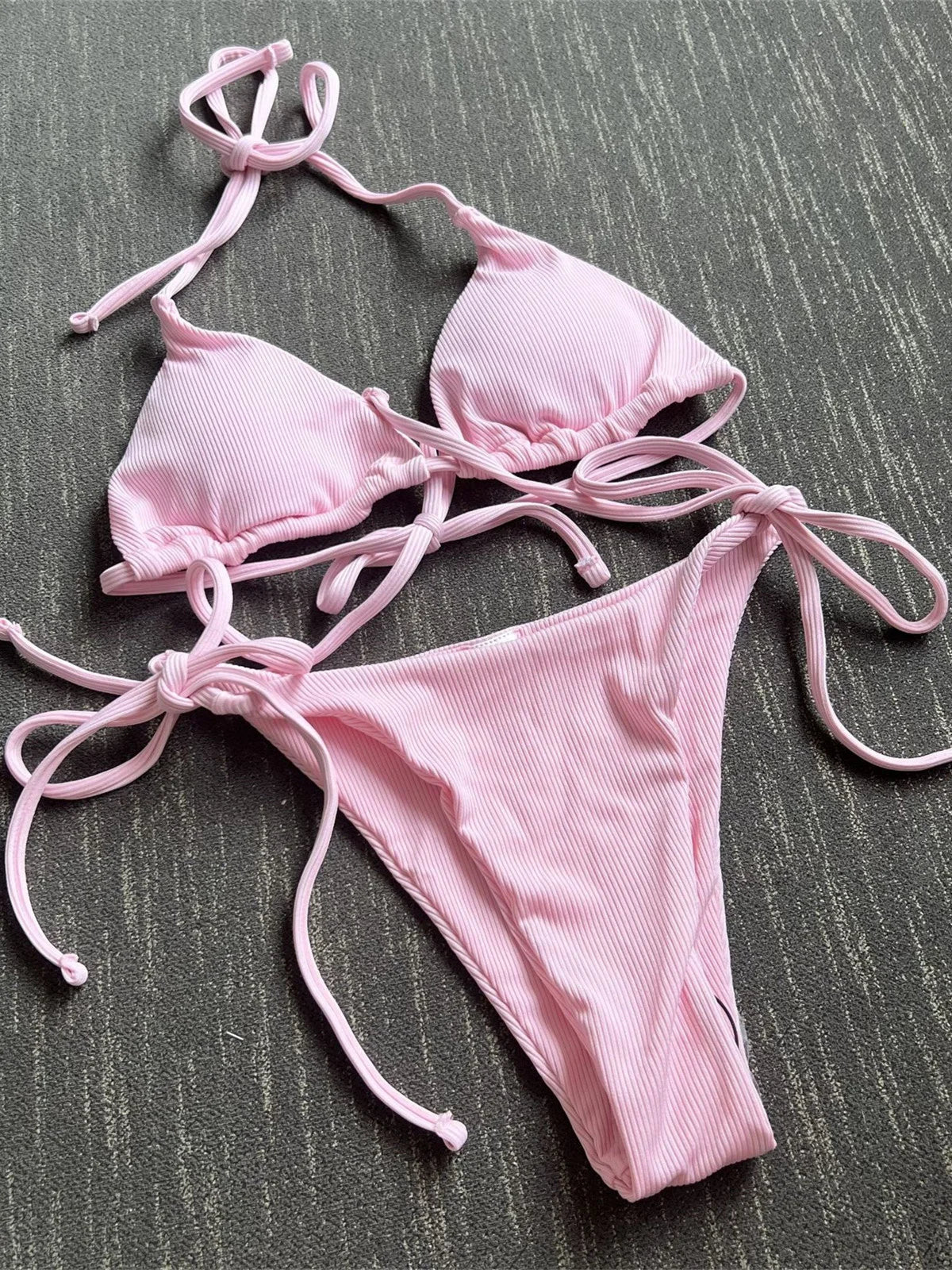 Sexy Brown Bikini 2025 Women Solid Red Halter Push Up Bra Tie Side Triangle Swimsuit Summer Bathing Suit Lace Up Micro Swimwear