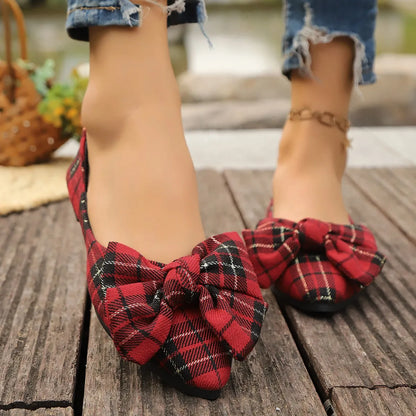 Retro Red Plaid Fashion Women Shoes New Pointed Toe Women's Flats Shoes Light and Comfortable Ladies Single Shoes