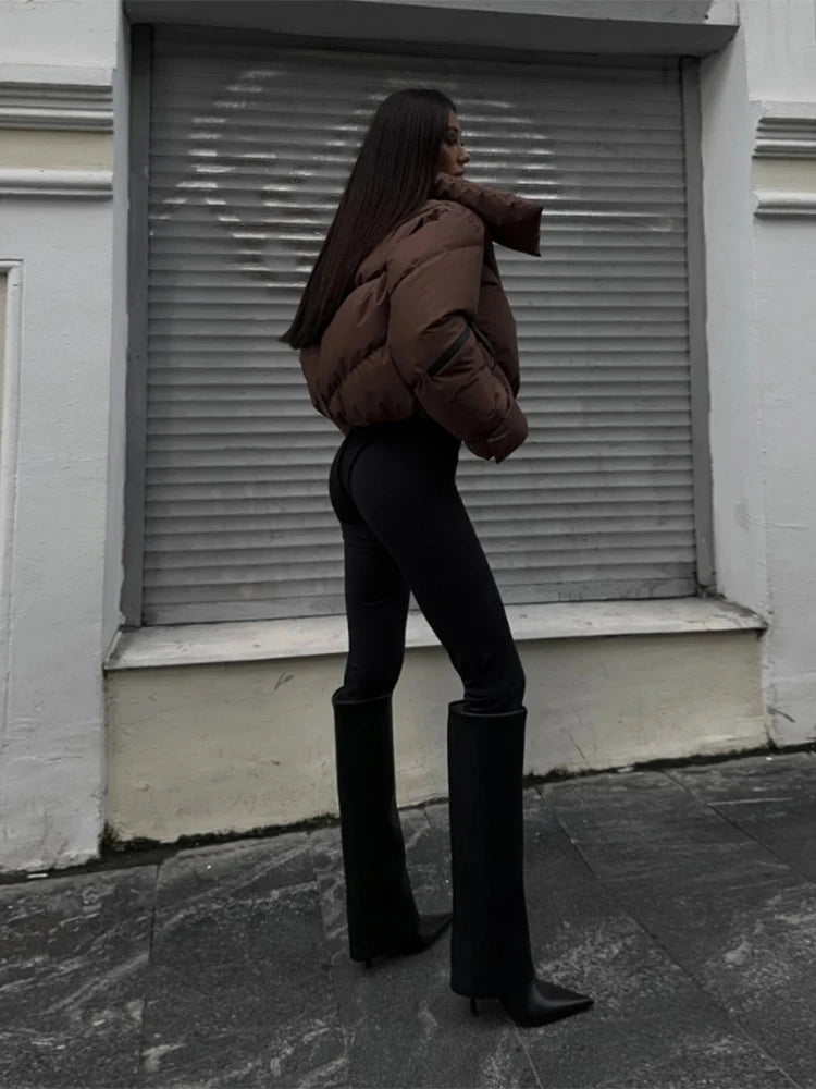 Chic Stand Collar Short Cotton Jacket Women Loose Contrast Warm Full Sleeve Zipper Jackets 2025 Fashion Autumn Winter Coat Lady