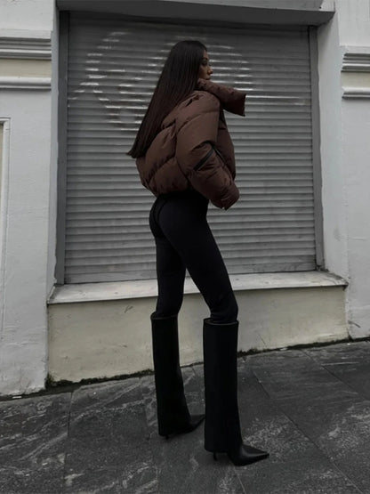 Chic Stand Collar Short Cotton Jacket Women Loose Contrast Warm Full Sleeve Zipper Jackets 2025 Fashion Autumn Winter Coat Lady