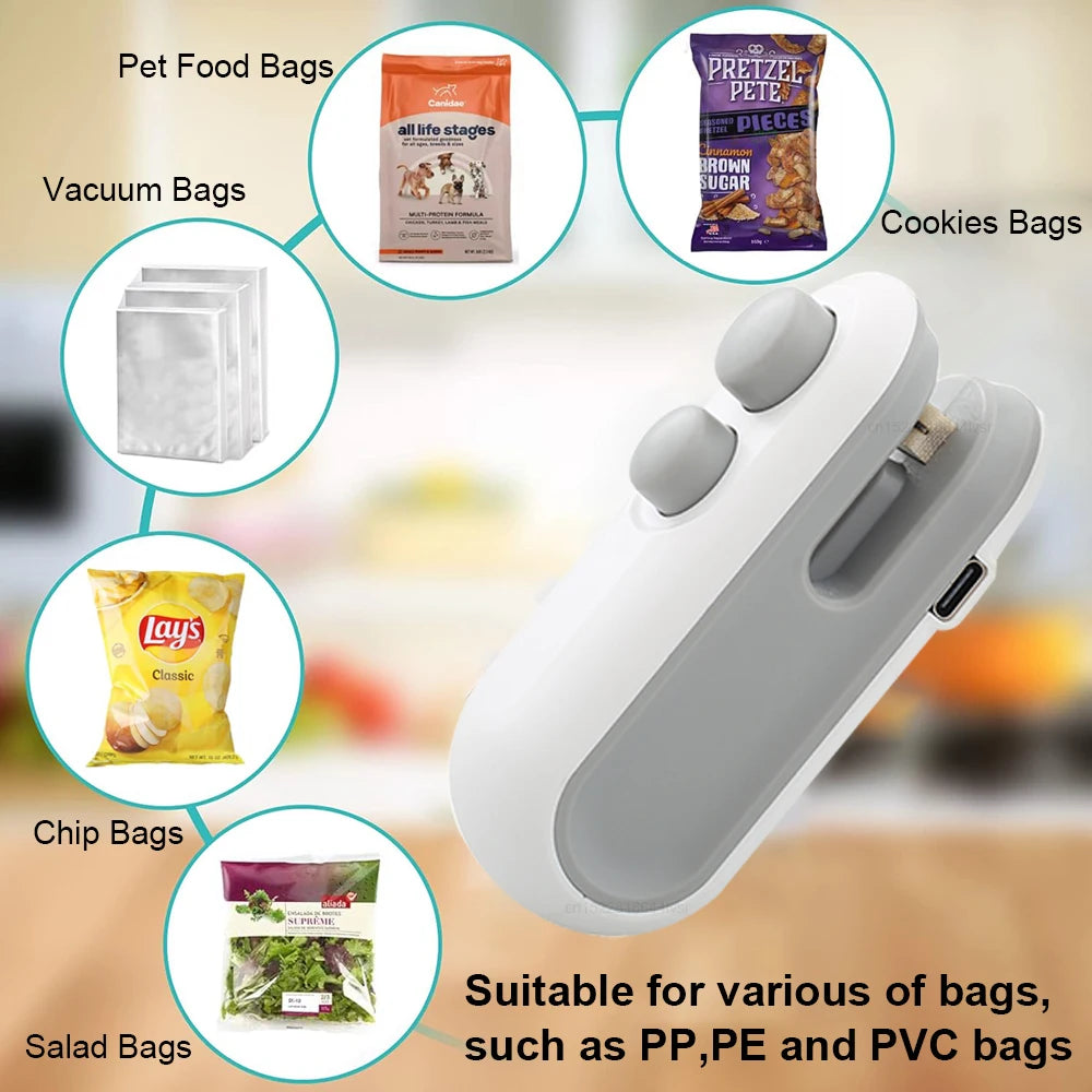 Mini Bag Sealer Portable Heat Vacuum Sealer Rechargeable Handheld 2 in 1 Sealer and Cutter Plastic Bags Snacks Food Storage