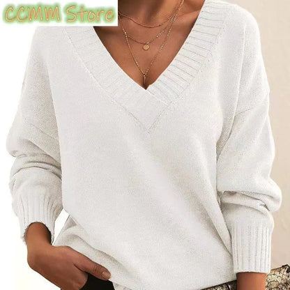 New Winter Women Pullover Sweaters Female V-Neck Loose Casual knitwear Retro Autumn Lady Long Sleeve Office Solid Warm Knit Tops