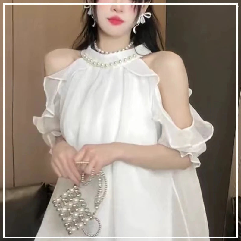 Women's 2024 Summer New Splice Pullover O-Neck Bead Folds Shoulder Ruffle Edge Fashion Solid Casual Short Sleeves Blouses Shirts