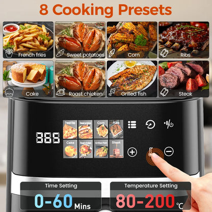 Patbrela 5.5L Air Fryer 8-in-1 Electric Hot Oven with Digital LED Screen Visible Window Max 200°C 1350W New Black Non-fat fryer