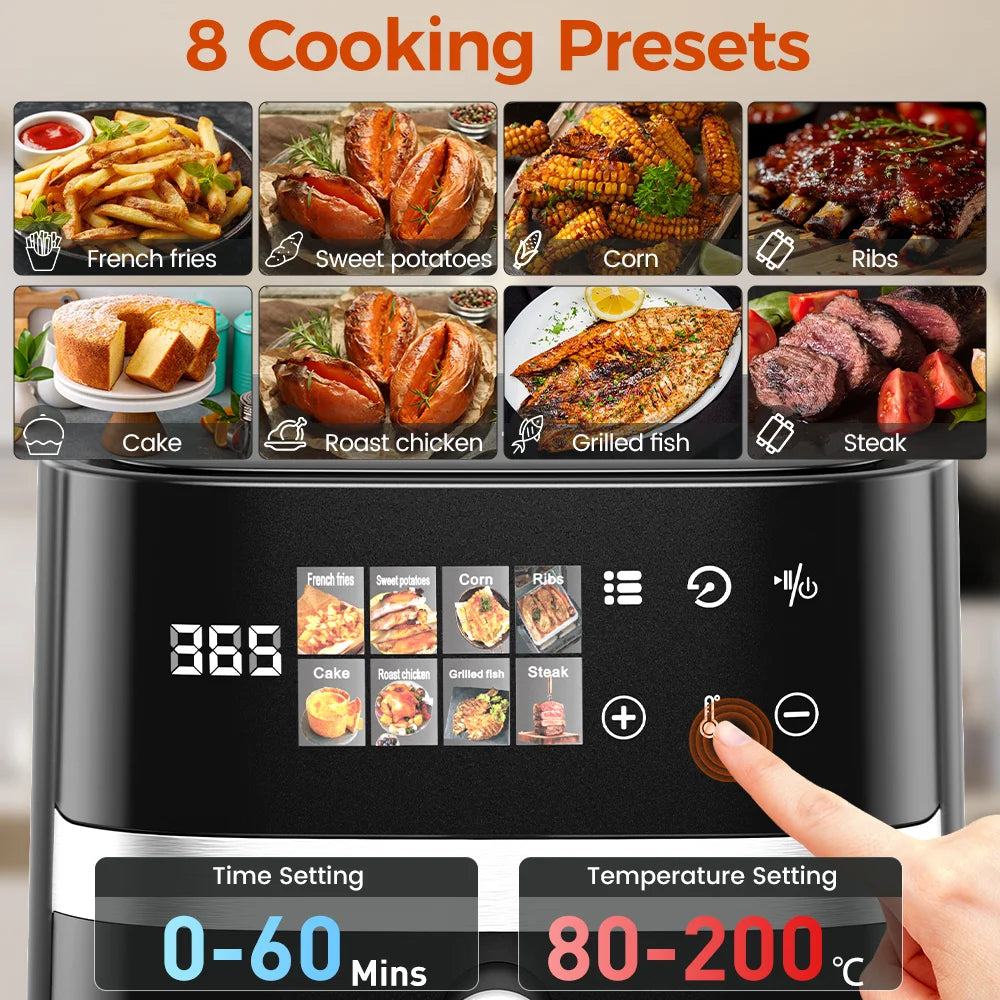 Patbrela 5.5L Air Fryer 8-in-1 Electric Hot Oven with Digital LED Screen Visible Window Max 200°C 1350W New Black Non-fat fryer