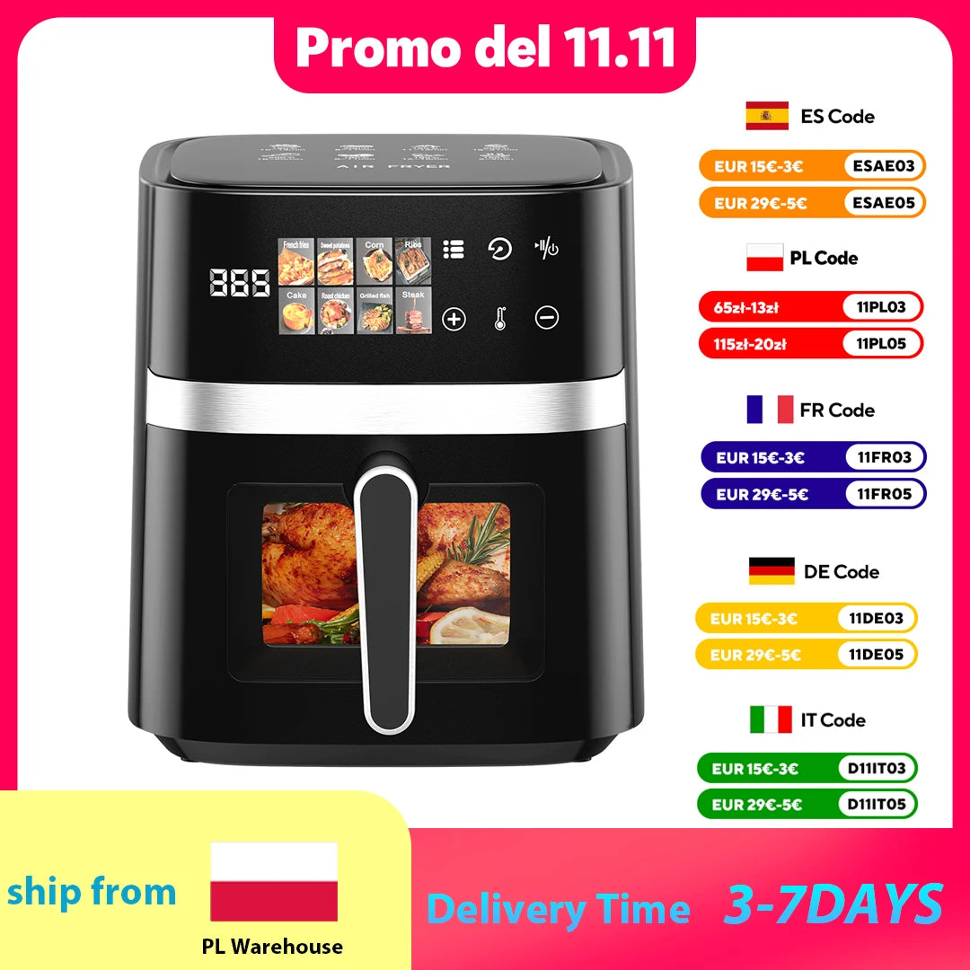 Patbrela 5.5L Air Fryer 8-in-1 Electric Hot Oven with Digital LED Screen Visible Window Max 200°C 1350W New Black Non-fat fryer