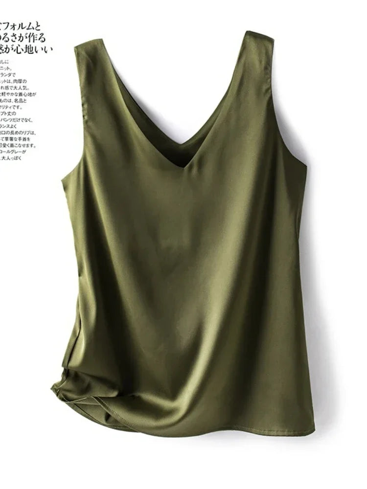 Woman T-shirts Elegant SILK Satin Blouse Sleeveless Female Summer 2025 Casual Loose Tanks and Camis Solid Green Tops for Women