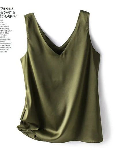 Woman T-shirts Elegant SILK Satin Blouse Sleeveless Female Summer 2025 Casual Loose Tanks and Camis Solid Green Tops for Women
