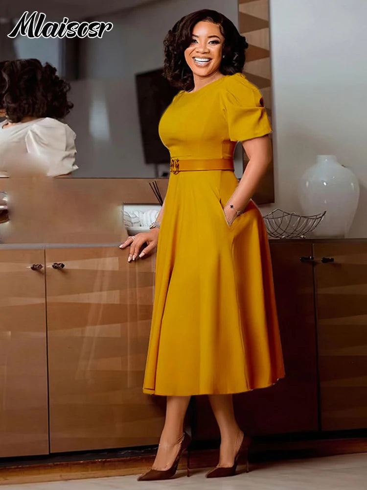 Mlaiscsr Elegant Office Lady O Neck Puff Short Sleeve Belt Waisted A Line Mid Dress Birthday Women Formal Business Work Vestidos
