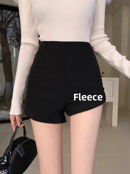 Winter High Waist Women's Fleece Lined Boot Cut Shorts Base Layer Thermal Pants Black Autumn Winter Shorties Slimming Effect