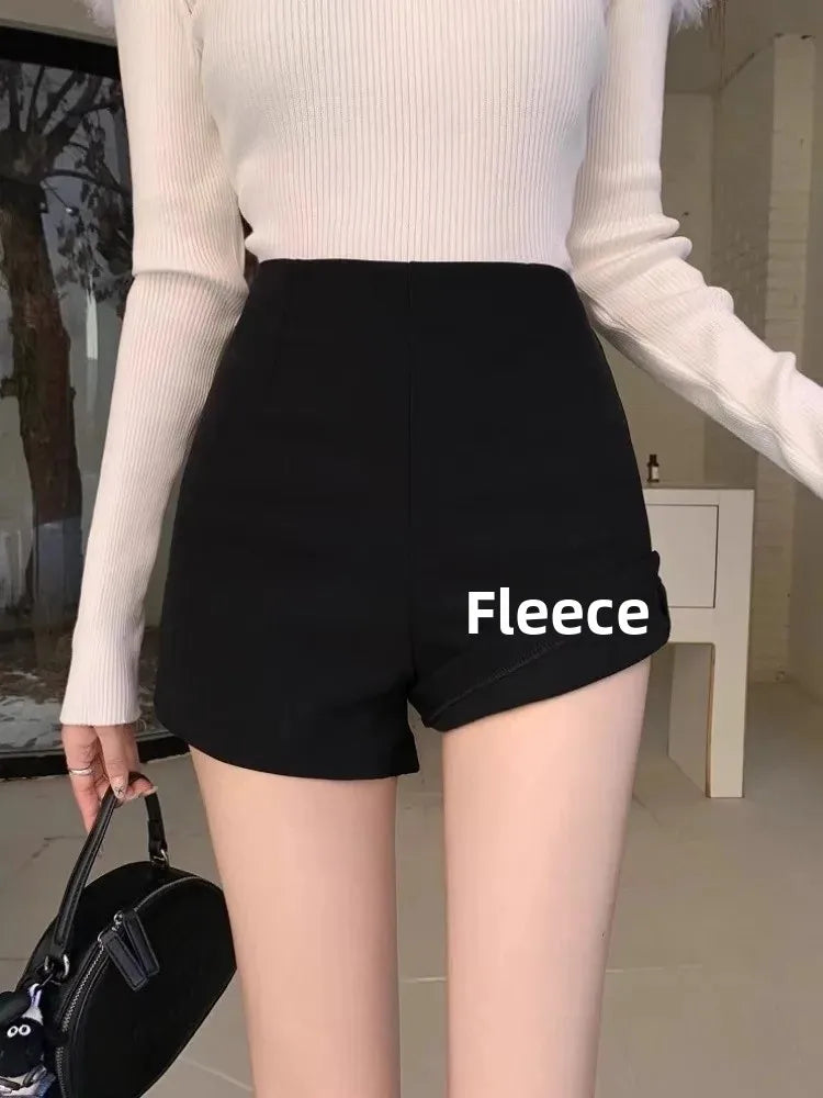 Winter High Waist Women's Fleece Lined Boot Cut Shorts Base Layer Thermal Pants Black Autumn Winter Shorties Slimming Effect
