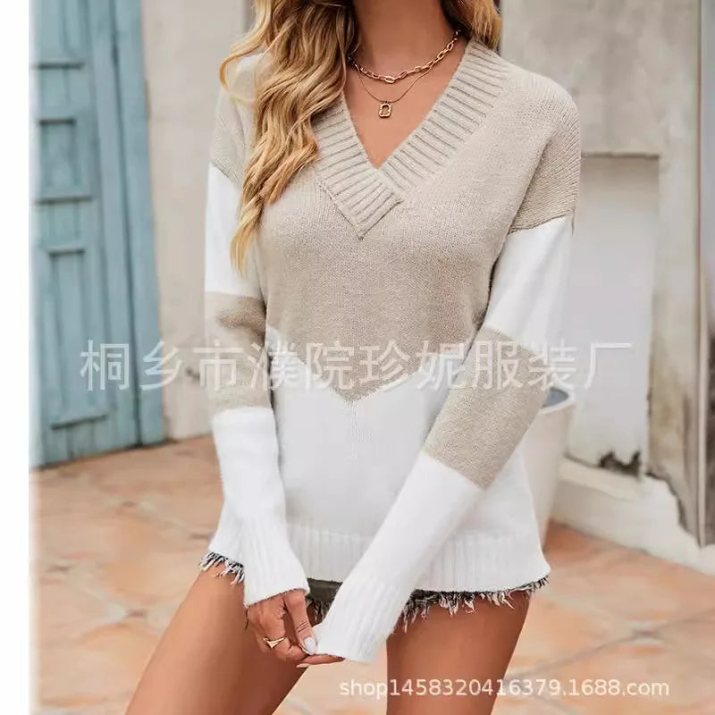 Women Sweaters Striped Knit Long Sleeve V Neck Pullovers Patchwork Regular Jumpers Casual Elegant Lady Streetwear Autumn