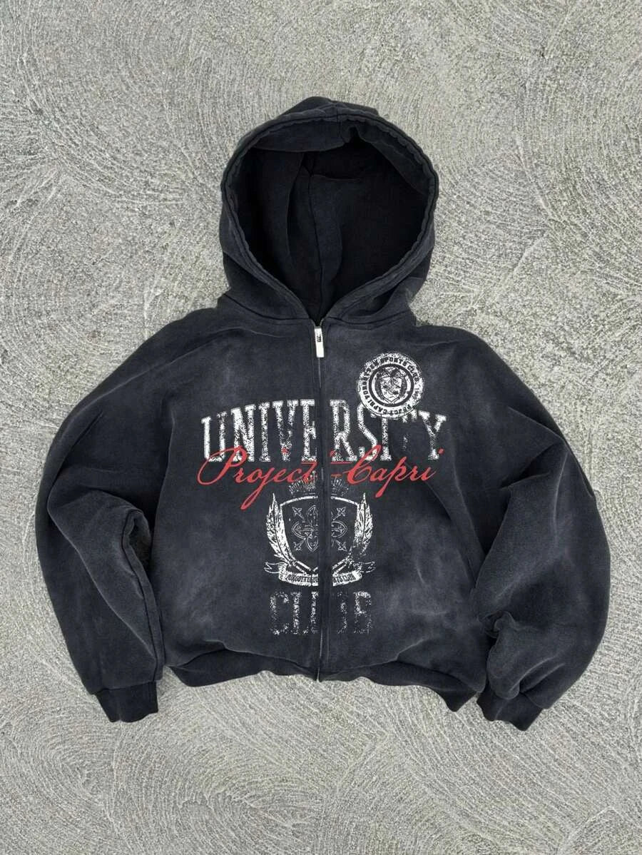 New Y2K American hip-hop retro monogrammed printed hoodie men clothing streetwear Harajuku jacket Gothic casual zip up hoodies