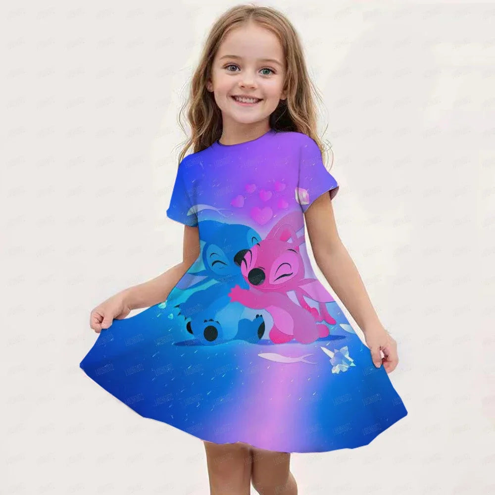 2025 Stitch Dress For Girls Children's Sleep Baby Summer Clothes StrayKids 3d Print Skirt Original Clothing Short-Sleeved Skirt