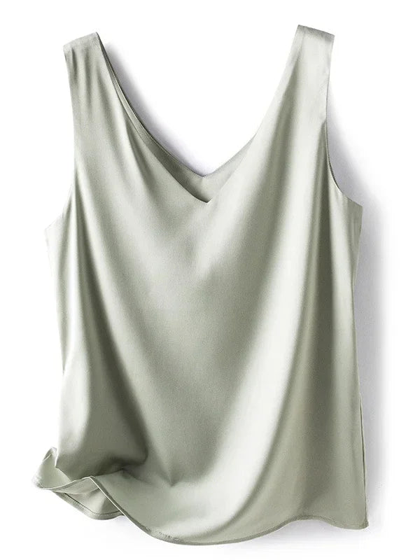 Woman T-shirts Elegant SILK Satin Blouse Sleeveless Female Summer 2025 Casual Loose Tanks and Camis Solid Green Tops for Women