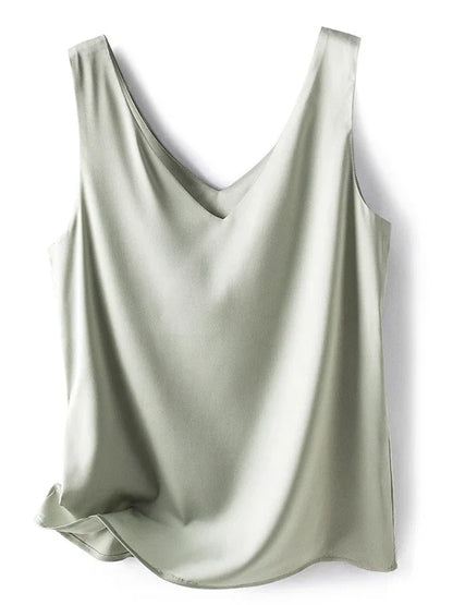 Woman T-shirts Elegant SILK Satin Blouse Sleeveless Female Summer 2025 Casual Loose Tanks and Camis Solid Green Tops for Women