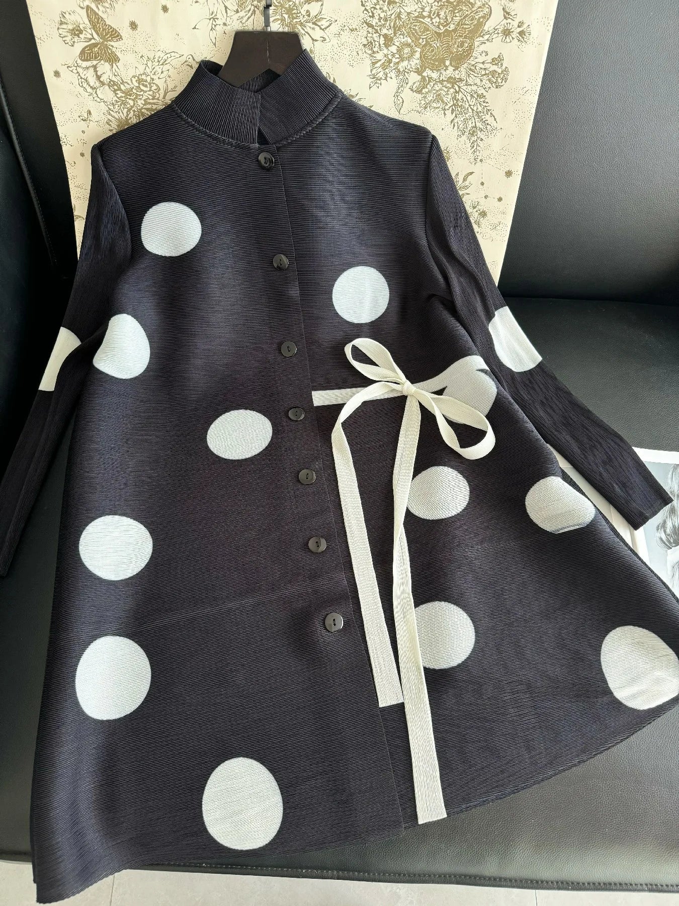 Pleated Polka Dot Jacket Long Sleeve Lapel Design Women's Dresses Loose Plus Size Tie Single Breasted Dresses 2024 Summer New