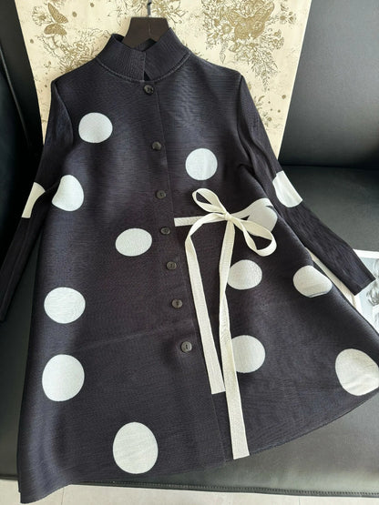 Pleated Polka Dot Jacket Long Sleeve Lapel Design Women's Dresses Loose Plus Size Tie Single Breasted Dresses 2024 Summer New
