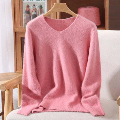 Autumn Winter Mink Cashmere Women Sweater V-Neck Pullover Fashion Basic Soft Warm Clothing 100% Mink Cashmere Knitwear Tops