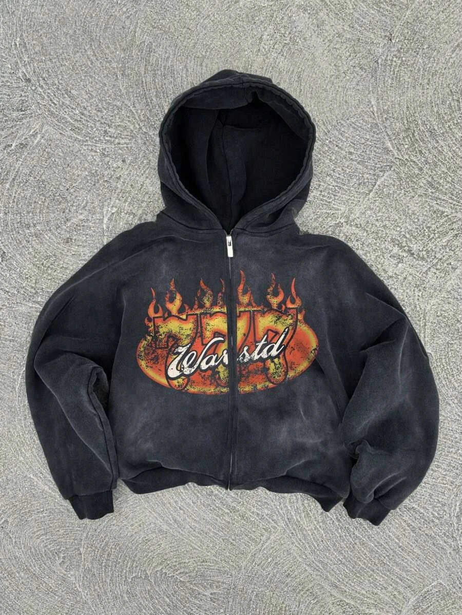 New Y2K American hip-hop retro monogrammed printed hoodie men clothing streetwear Harajuku jacket Gothic casual zip up hoodies