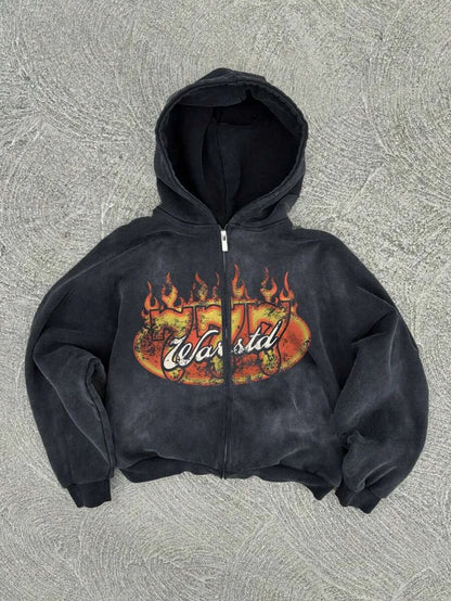 New Y2K American hip-hop retro monogrammed printed hoodie men clothing streetwear Harajuku jacket Gothic casual zip up hoodies