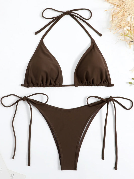 Sexy Brown Bikini 2025 Women Solid Red Halter Push Up Bra Tie Side Triangle Swimsuit Summer Bathing Suit Lace Up Micro Swimwear