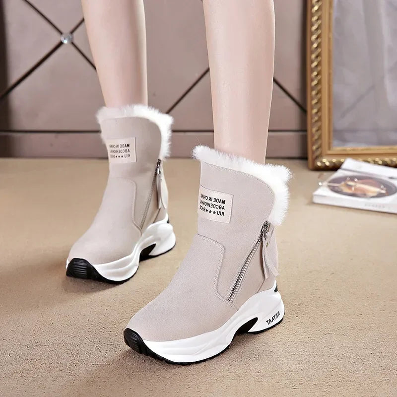 2025 New Women Snow Boots Genuine Leather Suede Natural Fur 8.5cm Platform Wedge Zipper Women Winter Shoes Warm Ankle Booties