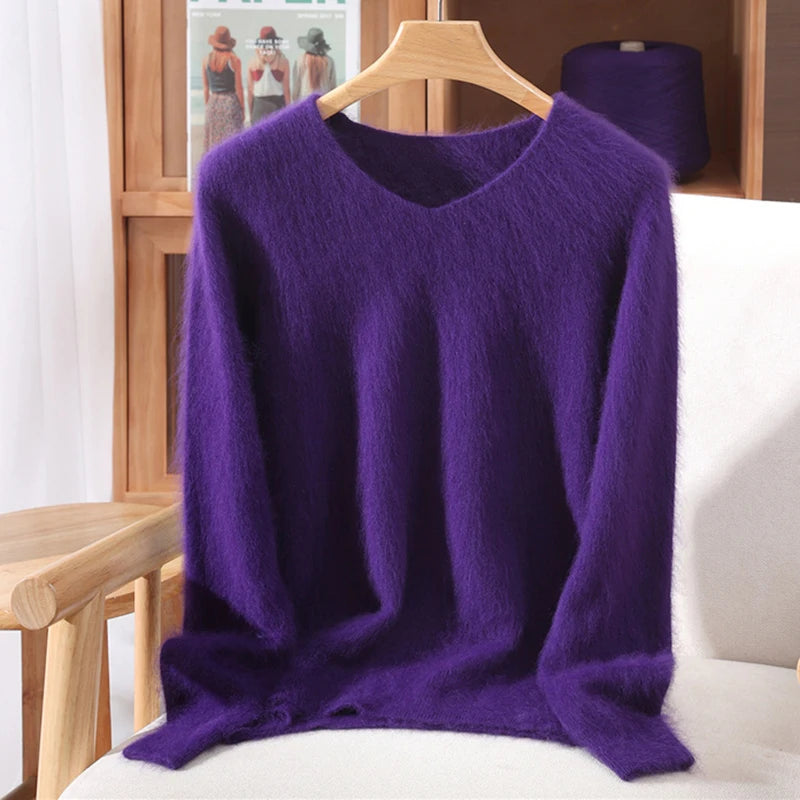 Autumn Winter Mink Cashmere Women Sweater V-Neck Pullover Fashion Basic Soft Warm Clothing 100% Mink Cashmere Knitwear Tops