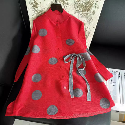 Pleated Polka Dot Jacket Long Sleeve Lapel Design Women's Dresses Loose Plus Size Tie Single Breasted Dresses 2024 Summer New