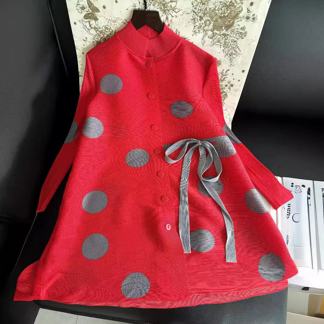 Pleated Polka Dot Jacket Long Sleeve Lapel Design Women's Dresses Loose Plus Size Tie Single Breasted Dresses 2024 Summer New