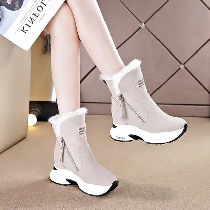 2025 New Women Snow Boots Genuine Leather Suede Natural Fur 8.5cm Platform Wedge Zipper Women Winter Shoes Warm Ankle Booties