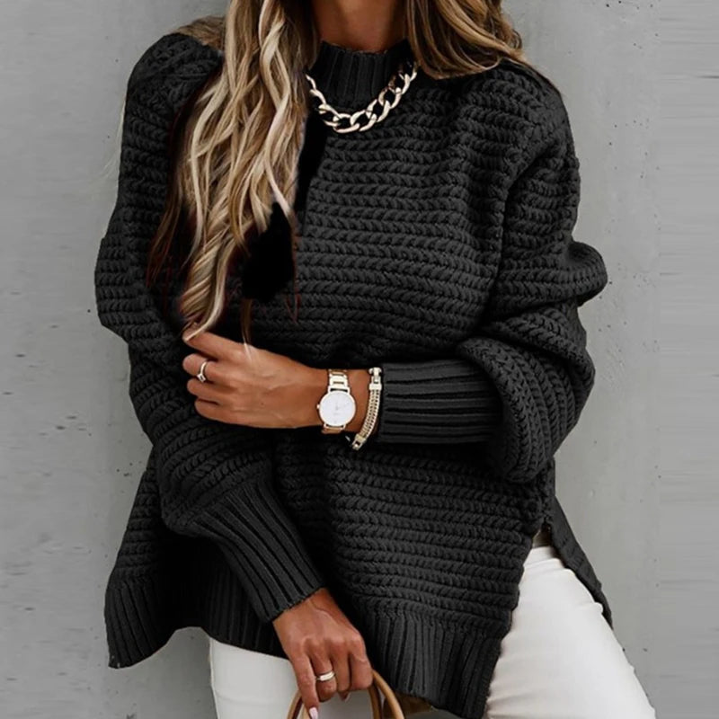 2024 New Loose Split Knitted Long Sleeve Thick Sweater Half High Neck Korean Fashion Pullover Autumn Winter Black Women Clothes