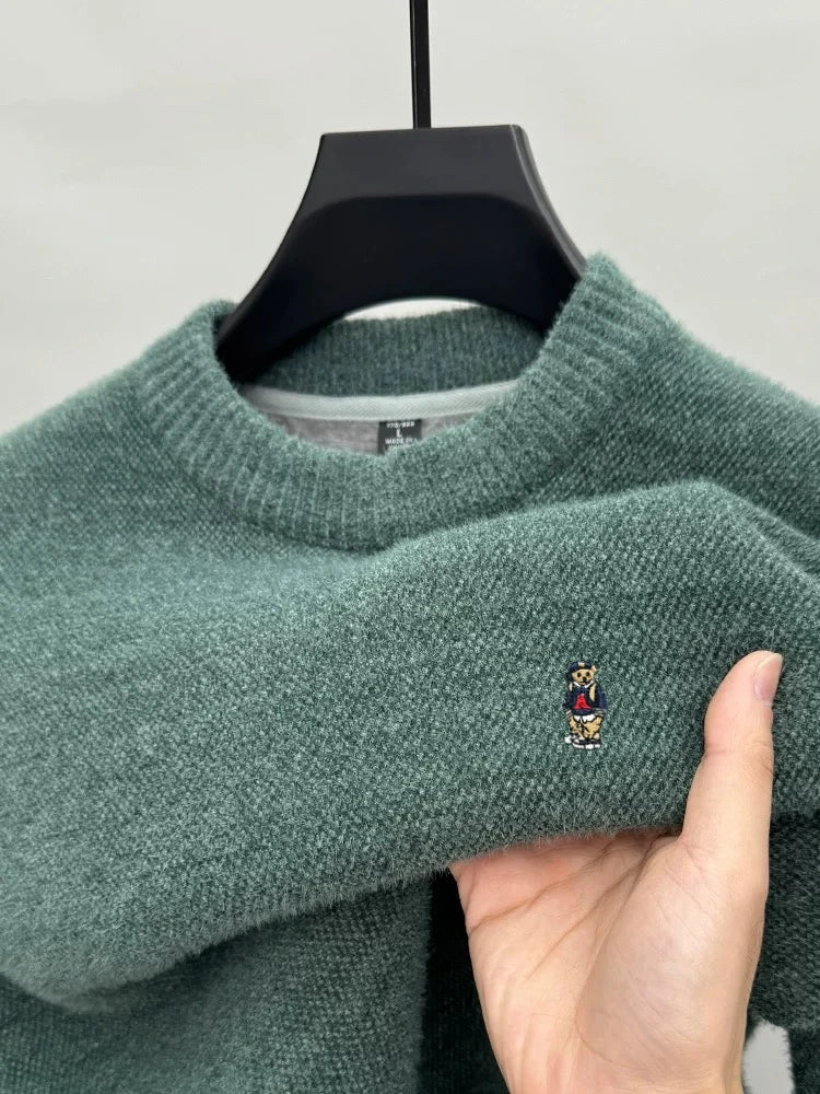 Fashion high-end brand knitted round neck sweater pullover new trend cartoon little bear embroidery comfort warm casual men wear