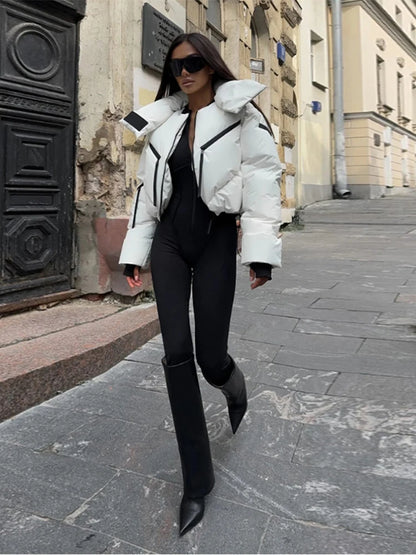 Chic Stand Collar Short Cotton Jacket Women Loose Contrast Warm Full Sleeve Zipper Jackets 2025 Fashion Autumn Winter Coat Lady